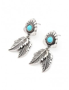 Carved Leaf Turquoise Drop Earrings - Silver
