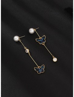 Butterfly Faux Pearl Asymmetric Drop Earrings - Gold