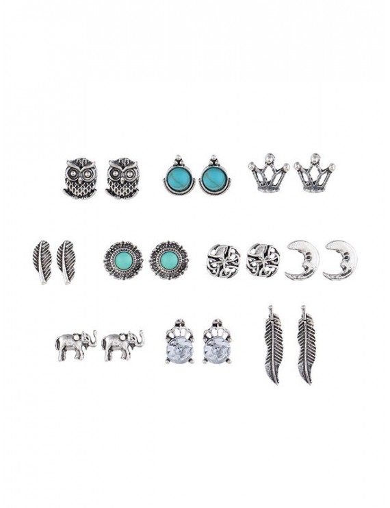 Faux Turquoise Owl Elephant Earring Set - Silver