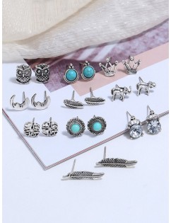 Faux Turquoise Owl Elephant Earring Set - Silver