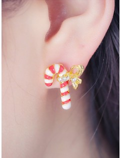 Rhinestone Candy Cane Stud Earrings - Gold