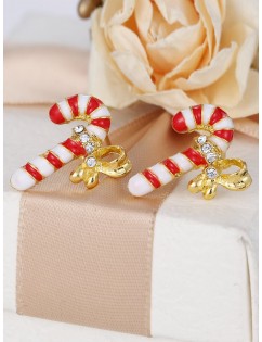 Rhinestone Candy Cane Stud Earrings - Gold