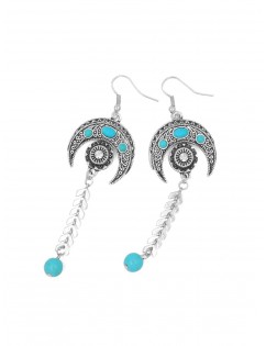 Bohemian Carved Moon Herringbone Turquoise Earrings - Silver