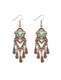 Bohemian Carved Geometric Turquoise Fringed Earrings - Gold
