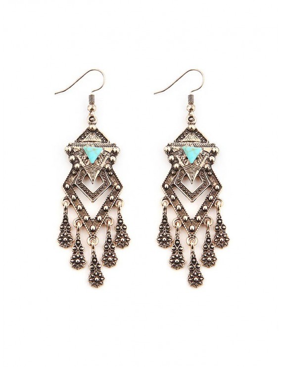 Bohemian Carved Geometric Turquoise Fringed Earrings - Gold