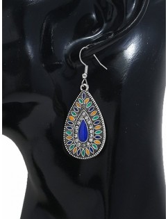 Rhinestone Enamel Water Drop Hook Earrings - Blue
