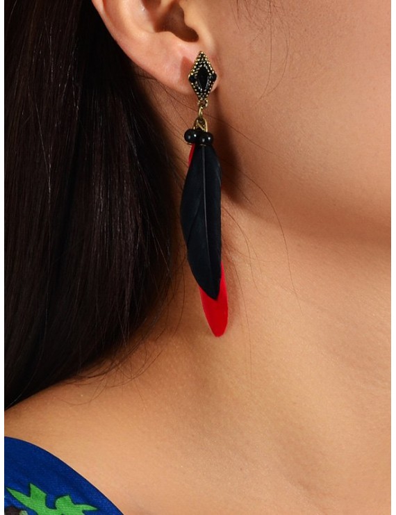 Beaded Geometric Feather Earrings - Lava Red
