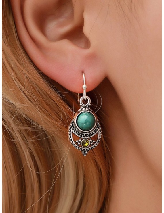 Vintage Faux Turquoise Carved Teardrop Hook Earrings - Silver