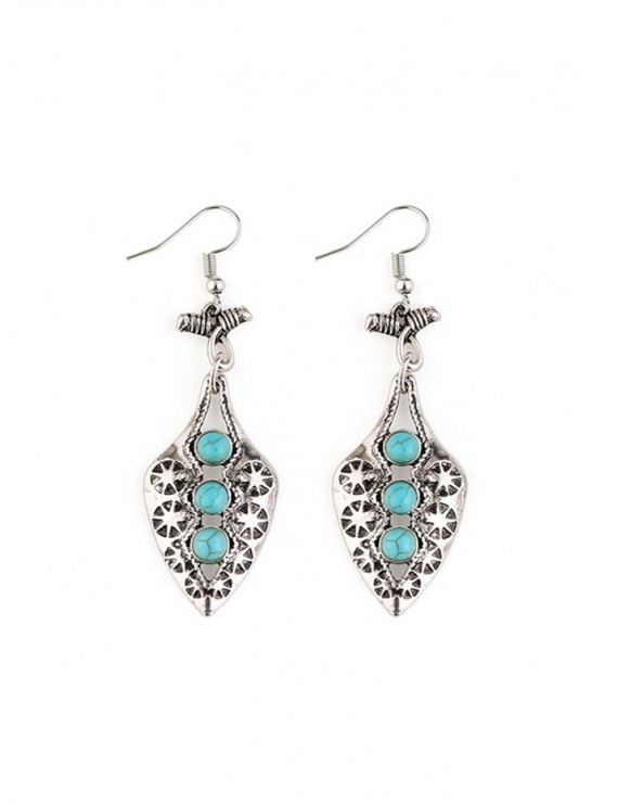 Faux Turquoise Geometric Embossed Hook Earrings - Silver