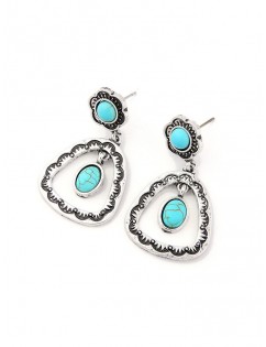 Carved Hollow Turquoise Geometric Drop Earrings - Silver