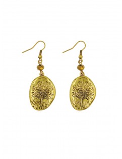 Embossed Tree Oval Shape Hook Earrings - Gold